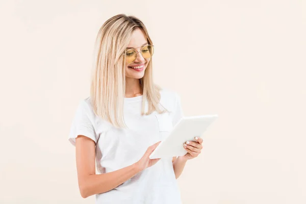 Happy Stylish Woman Eyeglasses Using Digital Tablet Isolated Beige — Stock Photo, Image