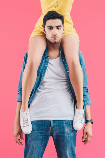 Cropped Image Woman Sitting Shoulders Upset Boyfriend Isolated Pink — Stock Photo, Image