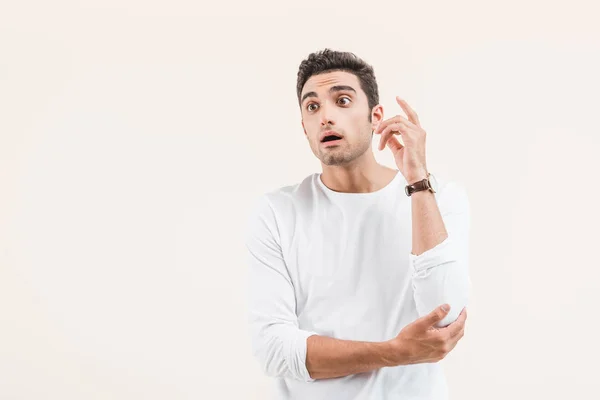 Surprised Young Man Open Mouth Looking Away Isolated Beige — Stock Photo, Image