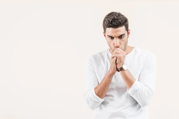 Focused Young Man Thinking Looking Isolated Beige — Stock Photo, Image