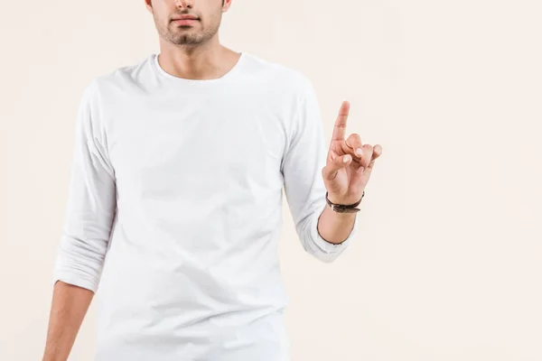 Cropped Shot Young Man Pointing Finger Isolated Beige — Stock Photo, Image