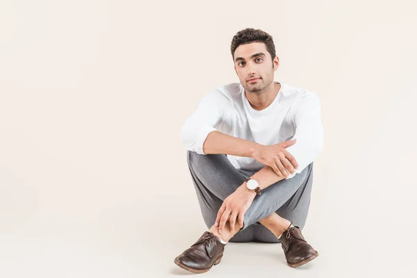 Full Length View Handsome Young Man Sitting Looking Camera Isolated — Stock Photo, Image