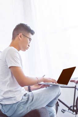 Asya yakışıklı kanepe evde boş ekran ile dizüstü bilgisayar kullanarak yan görünüm