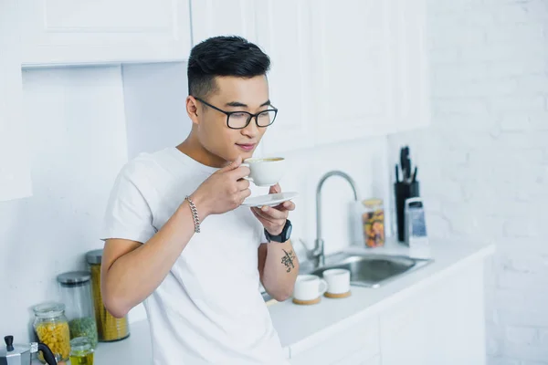 Handsome Young Asian Man Eyeglasses Holding Cup Coffee Kitchen — Stock Photo, Image