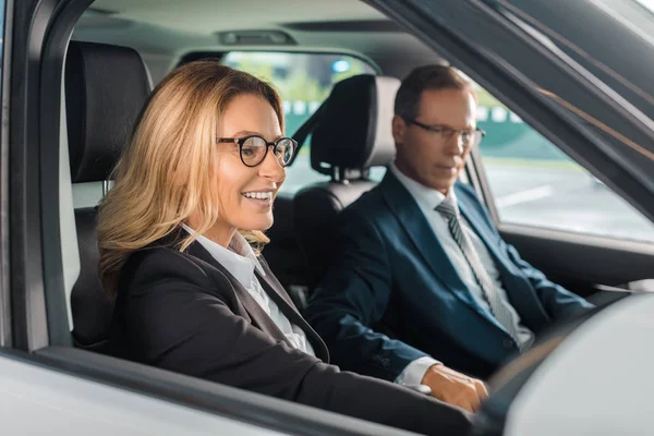 Smiling Business Couple Sitting New Car Test Drive — Stock Photo, Image
