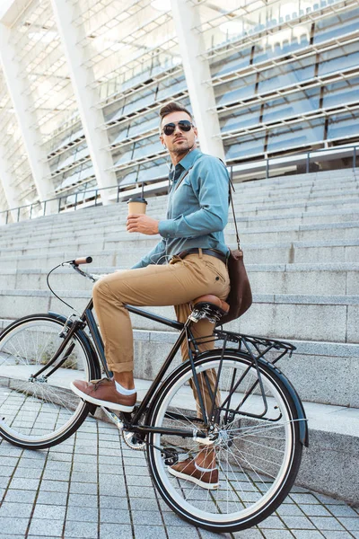 Stylish Man Sunglasses Sitting Bike Holding Disposable Coffee Cup — Stock Photo, Image