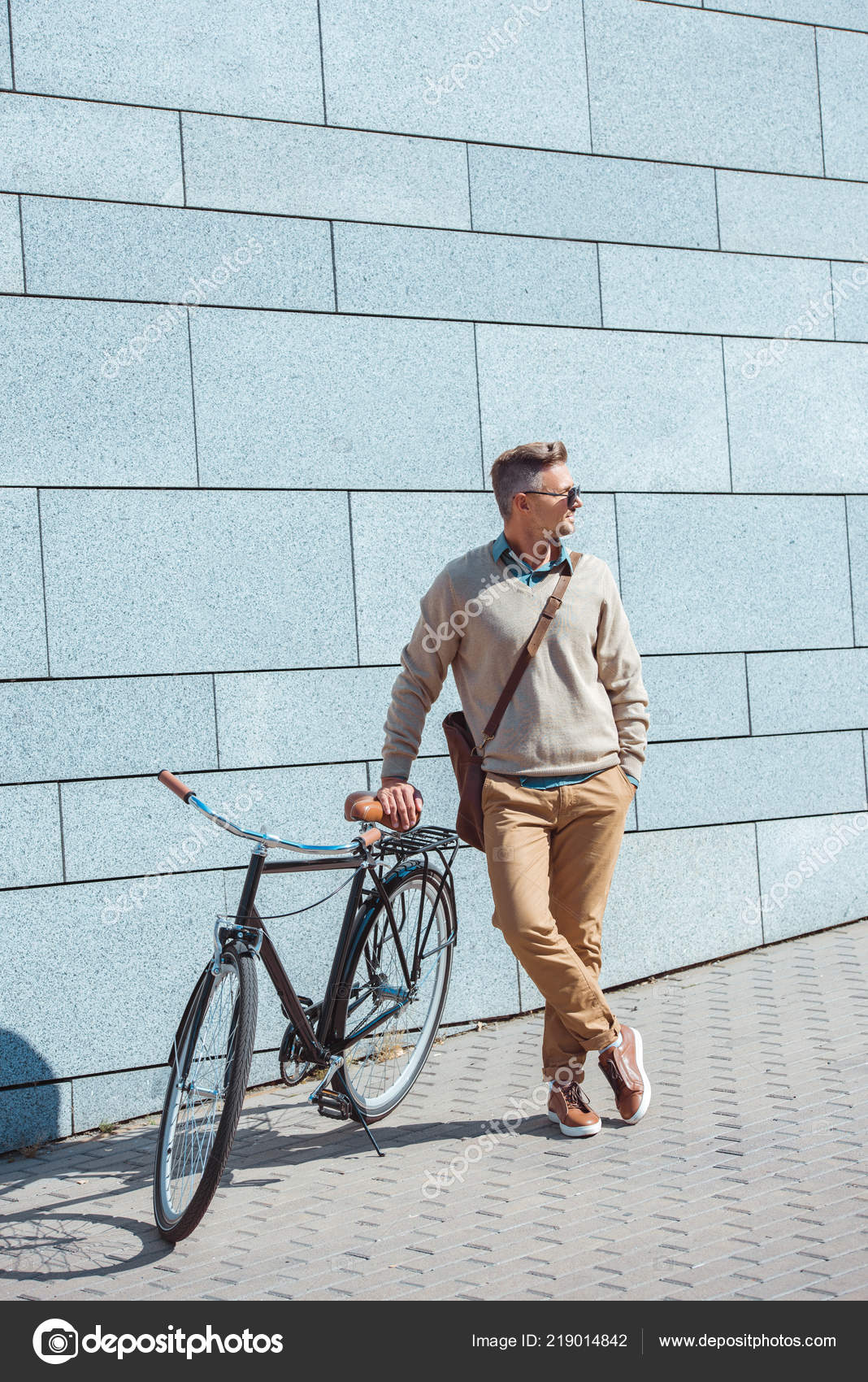 Stylish Middle Aged Man Sunglasses Leaning Bicycle Looking Away Street ...