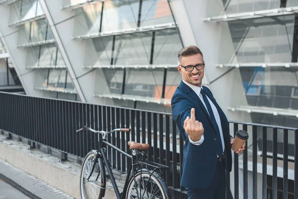 Emotional Businessman Holding Coffee Showing Middle Finger Street — Stock Photo, Image