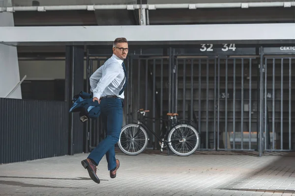 Handsome Middle Aged Buisnessman Eyeglasses Looking Camera While Running Bike — Stock Photo, Image