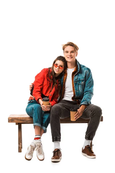 Young Hipster Couple Disposable Cups Coffee Sitting Bench Isolated White — Stock Photo, Image