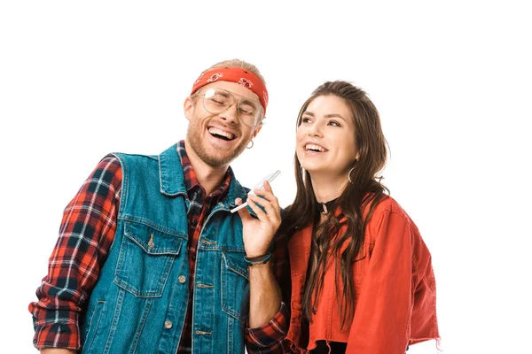 Laughing Young Hipster Talking Smartphone While His Girlfriend Standing Isolated — Stock Photo, Image