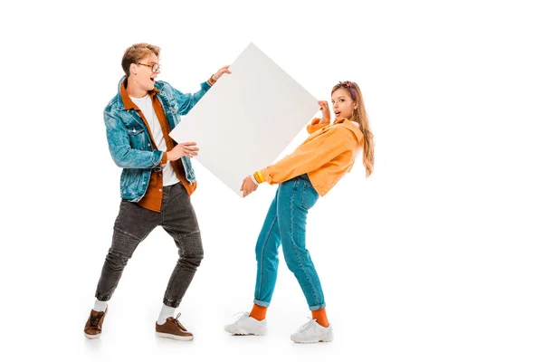 Cheerful Hipster Couple Holding Empty Banner Isolated White — Stock Photo, Image