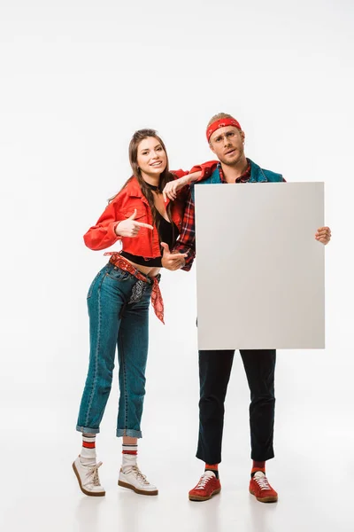 Young Hipster Couple Pointing Empty Banner Isolated White — Stock Photo, Image