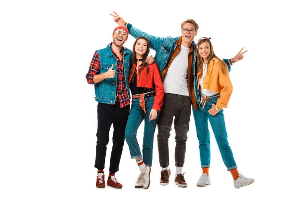 Happy Hipster Men Showing Peace Signs Thumb While Female Friends — Stock Photo, Image