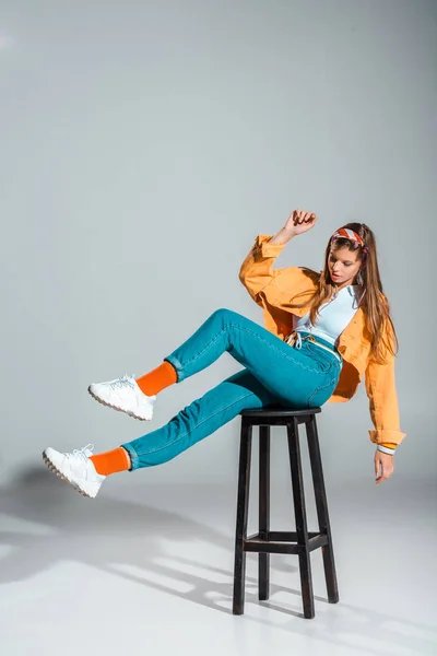 Beautiful Young Woman Posing Stool Grey — Stock Photo, Image