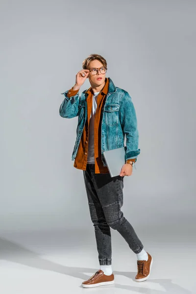 Handsome Stylish Student Posing Denim Jacket Laptop Grey — Stock Photo, Image