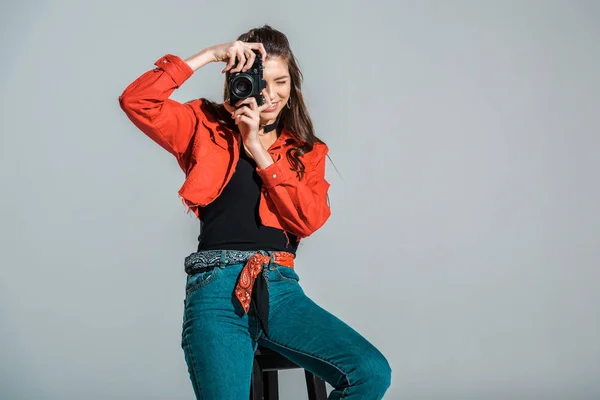 Smiling Girl Taking Photo Camera Isolated Grey — Stock Photo, Image