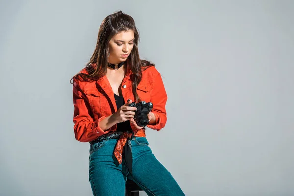 Attractive Stylish Photographer Looking Camera Isolated Grey — Free Stock Photo
