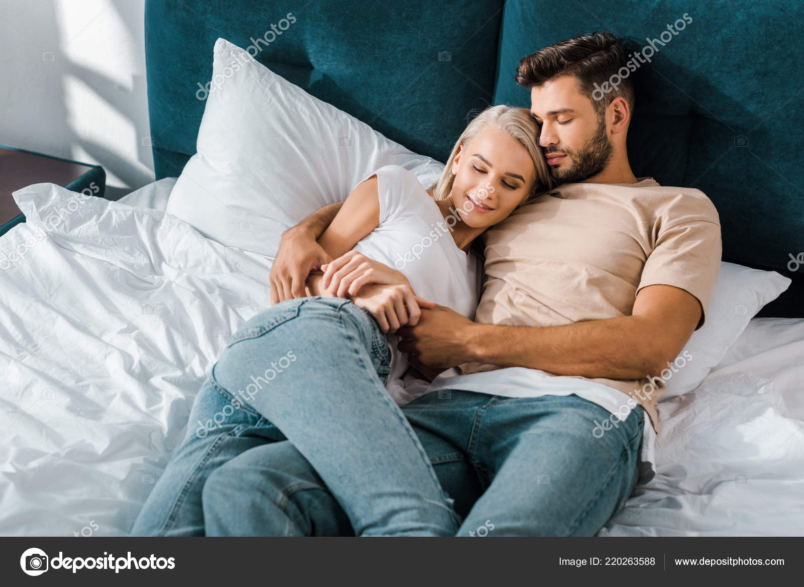 Young Couple Hugging Sleeping Bed Bedroom Stock Photo