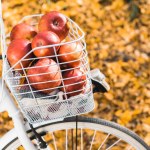 Selektiv fokus för cykel med korg full av läckra röda äpplen utomhus