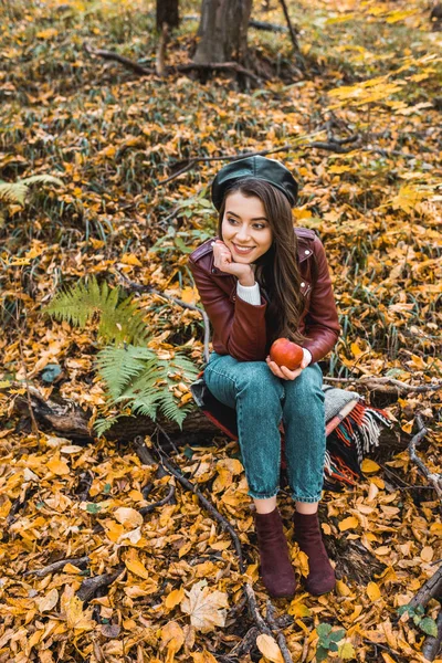 High Angle View Happy Stylish Girl Leather Jacket Sitting Blanket — Free Stock Photo