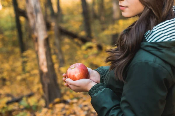 Przycięty Obraz Młodej Kobiety Zewnątrz Gospodarstwa Czerwone Jabłko — Zdjęcie stockowe
