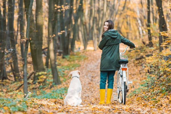 Smiling Woman Bicycle Her Golden Retriever Sitting Yellow Leafy Path — Stock Photo, Image