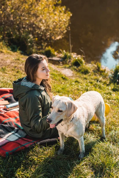 Neşeli Genç Kadın Battaniye Ile Köpek Açık Havada Oturup Yan — Stok fotoğraf