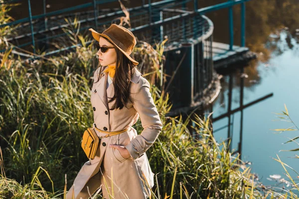 Attractive Young Woman Sunglasses Trench Coat Hat Posing Pond Park — Free Stock Photo