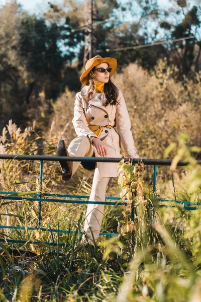 Selective Focus Elegant Woman Sunglasses Trench Coat Hat Sitting Railing — Free Stock Photo