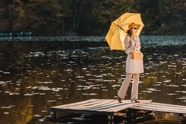 селективное внимание женщины в солнцезащитных очках, плаще и шляпе, позирующей с желтым зонтиком возле пруда в парке
