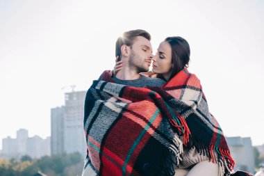 beautiful young couple covering in plaid and kissing with sun shining behind clipart