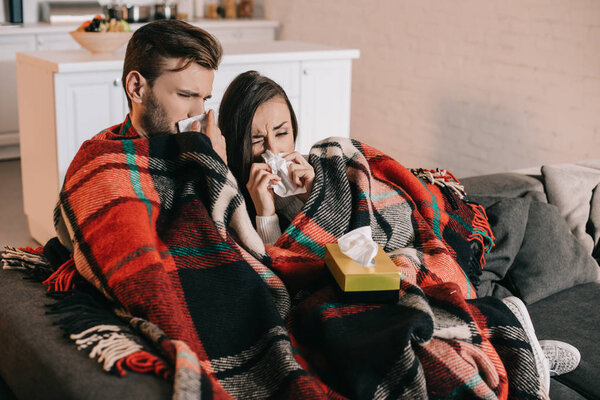 sick young couple with paper napkins sneezing while sitting on couch under plaid at home