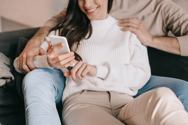 Cropped Shot Young Couple Using Smartphone Together Couch Home — Stock Photo, Image