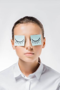 young woman with sticky notes on eyes and drawn eyelashes clipart