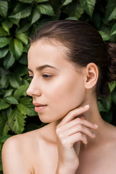 Thoughtful Young Woman Hand Face Green Leaves Background — Stock Photo, Image