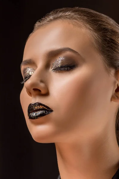 Young Beautiful Woman Glittery Makeup Closed Eyes — Free Stock Photo