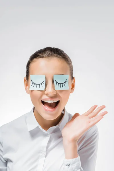 Young Smiling Woman Sticky Notes Eyes Drawn Eyelashes — Stock Photo, Image