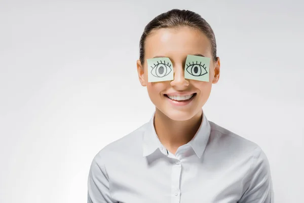 Young Smiling Woman Sticky Notes Drawn Open Eyes — Stock Photo, Image