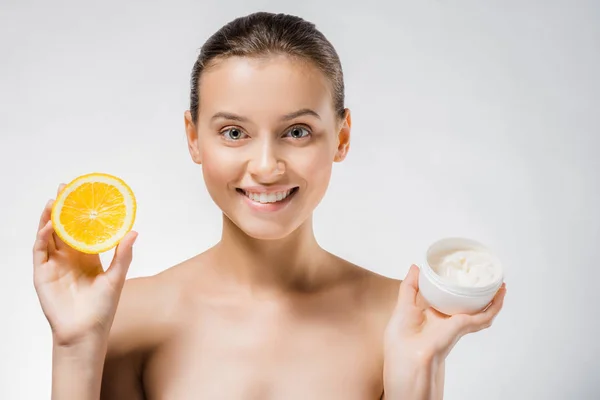 Young Beautiful Woman Holding White Body Cream Orange Slice — Stock Photo, Image