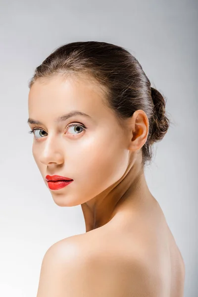 Young Beautiful Woman Red Lips Looking Camera — Stock Photo, Image