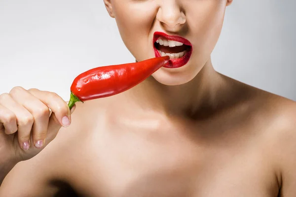 Close Young Beautiful Woman Red Lips Biting Chili Pepper — Stock Photo, Image