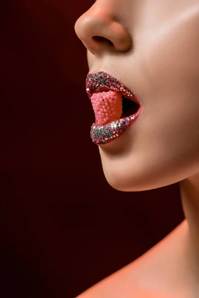 Close Young Woman Shiny Lips Holding Pink Candy Mouth Burgundy — Stock Photo, Image