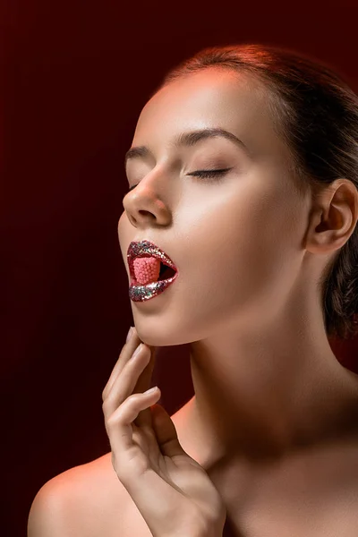 Young Woman Shiny Lips Closed Eyes Holding Pink Candy Mouth — Stock Photo, Image