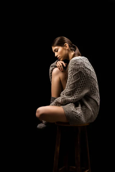 Side View Beautiful Thoughtful Woman Woolen Grey Sweater Sitting Bar — Stock Photo, Image