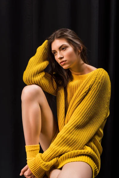 Pensive Woman Yellow Woolen Sweater Black Backdrop — Stock Photo, Image