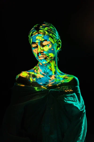 Model Colorful Neon Paints Body Posing Black Backdrop — Stock Photo, Image