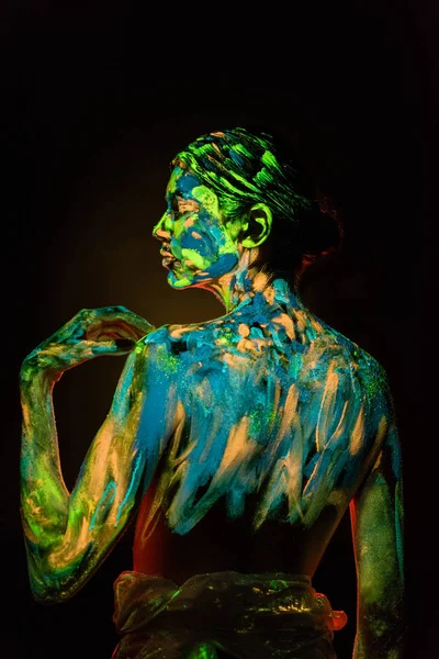 Back View Model Colorful Neon Paints Body Black Background — Free Stock Photo