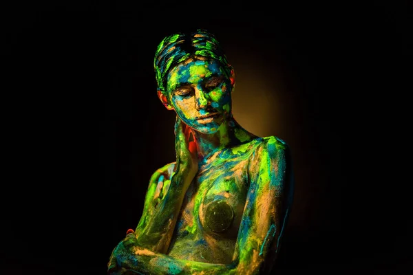 Portrait Beautiful Woman Colorful Ultraviolet Paints Body Black Backdrop — Stock Photo, Image