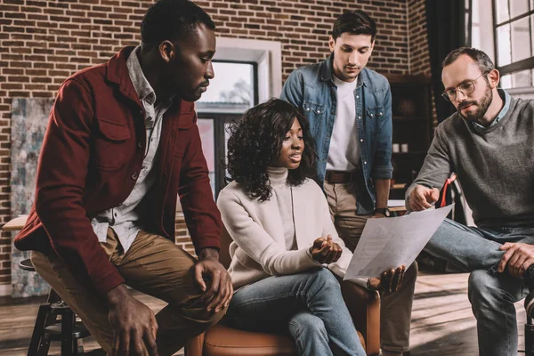 Focused Multiethnical Group Colworkers Discussing Together New Project Modern Loft — Stock Photo, Image